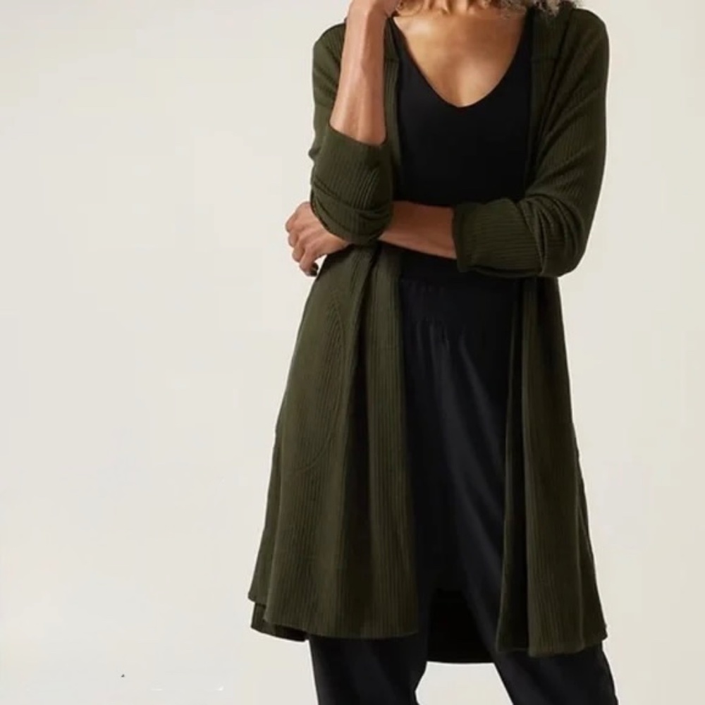 Athleta Harmony green Wrap Long Open Cardigan Sweater Hoodie Sz XS Cabin core